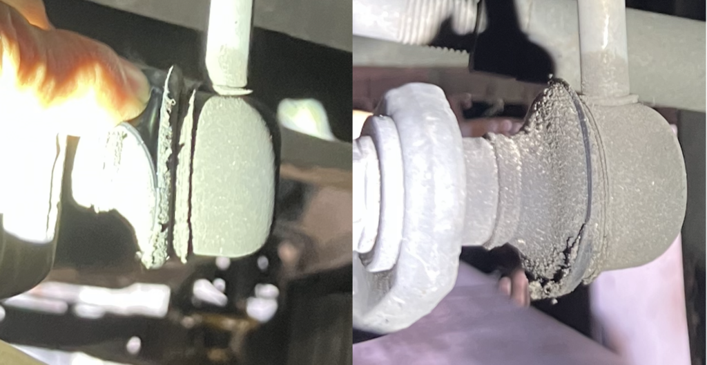 Before and after shots of the sway bar links. The part(s) of it that were decayed and splitting have been cut off.