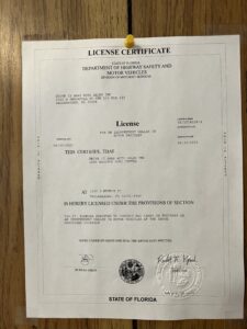 The State of Florida's dealership license, with the dealership's details and an expiration date of April 30th, 2025.