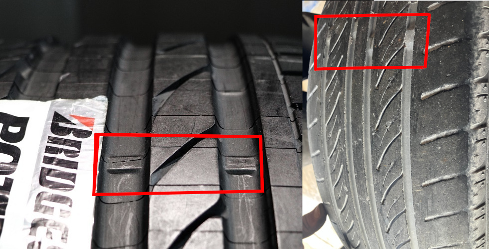 A closeup of a Bridgestone tire's tread paired with a closeup of the tire that was on the front, passenger side of the van. Red squares bring attention to the wear indicators on both tires. The wear indicators on the van's tire are completely exposed.